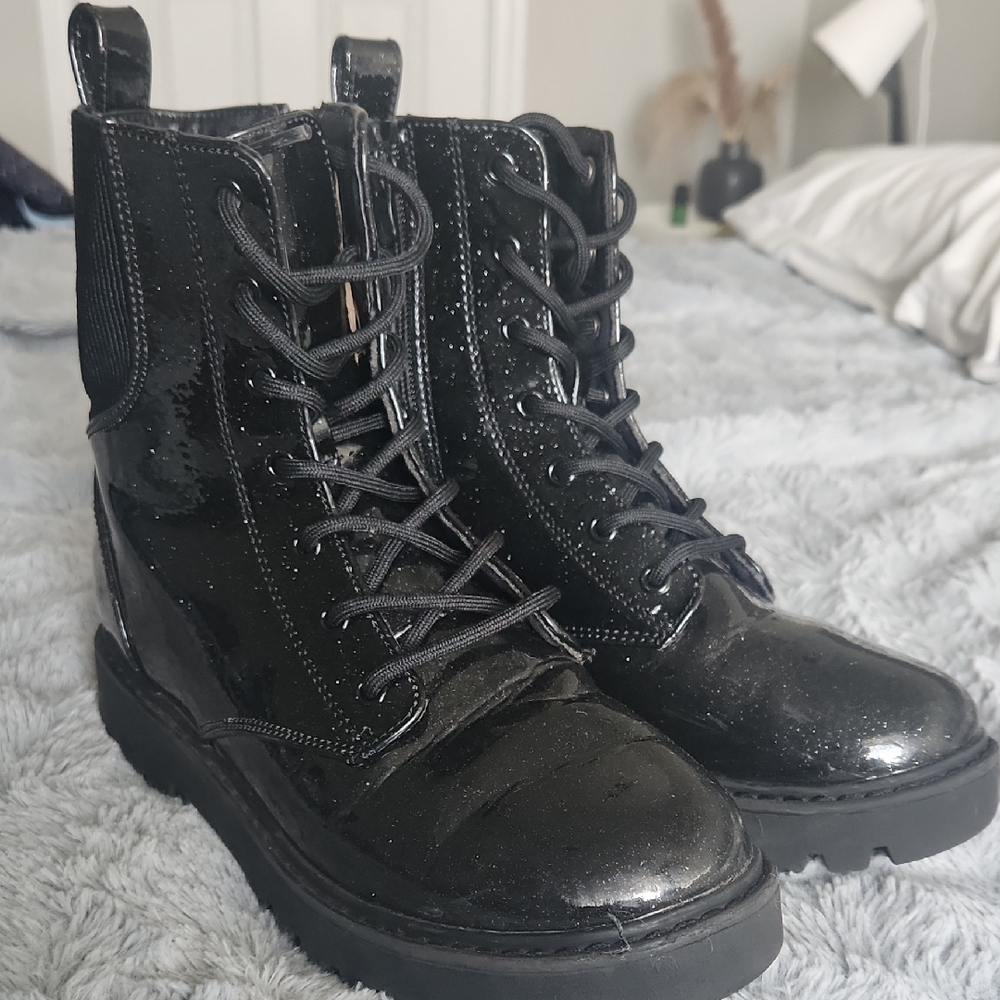 Black Glitter Patent Leather Combat Boots